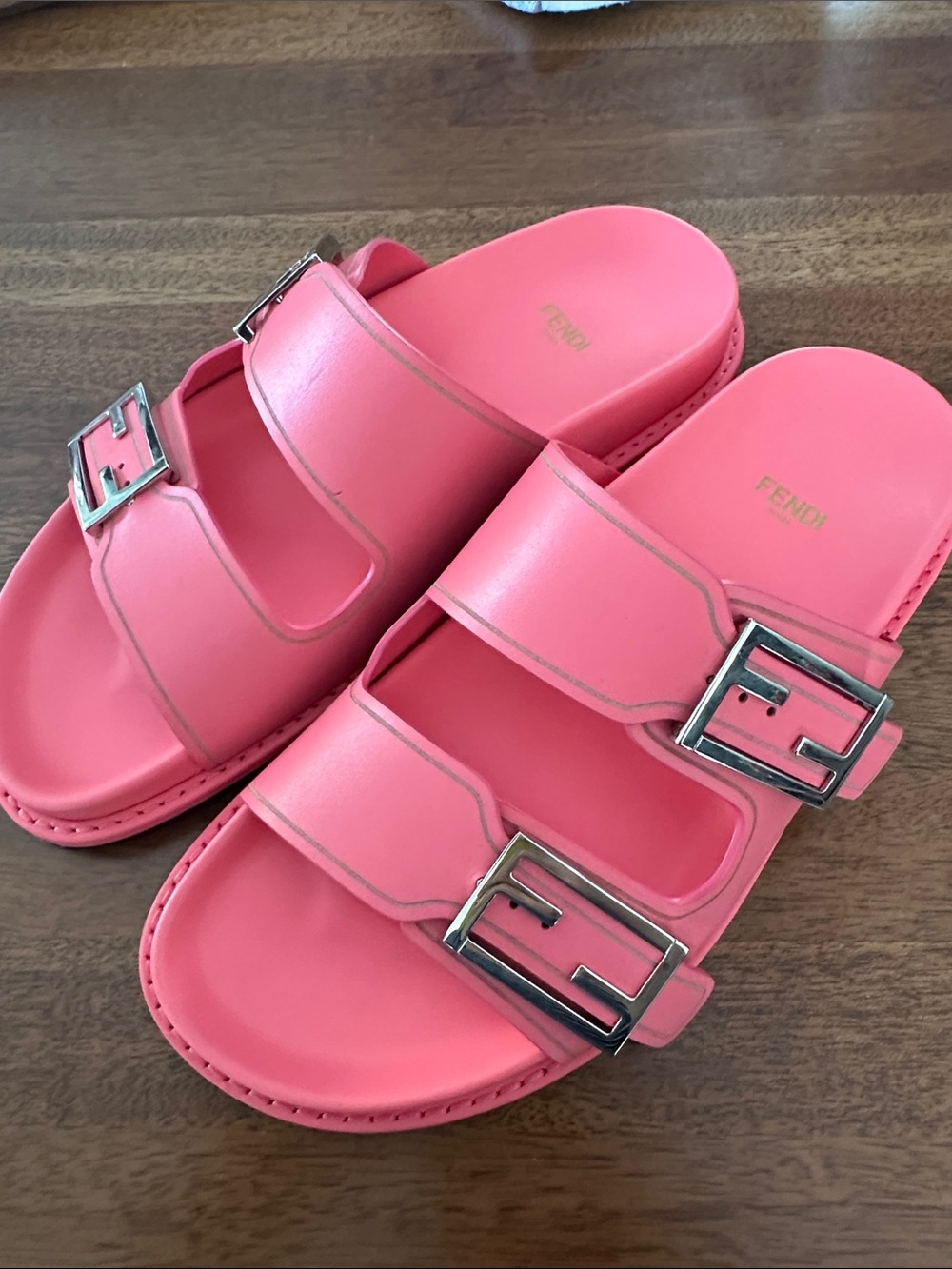Fendi Coral Pink Double-Buckle Leather Slide Sandals Authentic Fits US 9